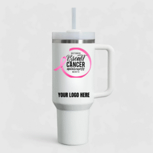 White Breast Cancer Awareness Tumbler with Pink Ribbon and Custom Company Logo