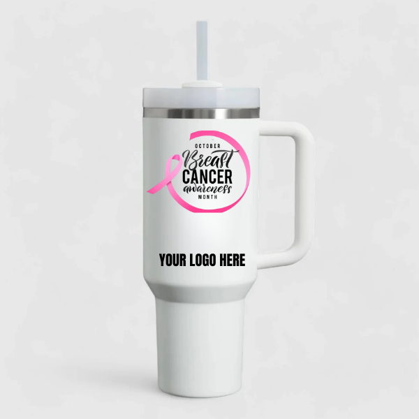 White Breast Cancer Awareness Tumbler with Pink Ribbon and Custom Company Logo