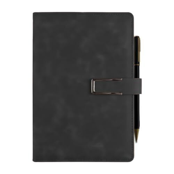 Pure Style Office Notebook - Black Leather Corporate Gift Notebook with Sleek Edge Buckle Button