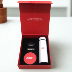 Independence Day corporate gift box with smart bottle, earbuds and wireless charger in premium red packaging