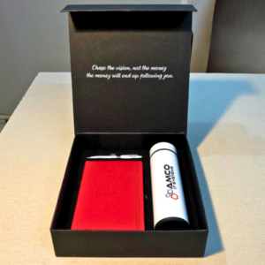 Executive corporate gift box with smart temperature bottle, red notebook and pen in premium black packaging