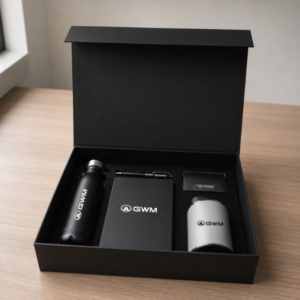 Luxury corporate gift box with metal flask bottle, notebook, leather cardholder, earpods and pen in premium packaging