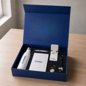 Buy Workplace essentials corporate gift box with metal bottle, notebook, stylus pen and accessories in premium blue packaging