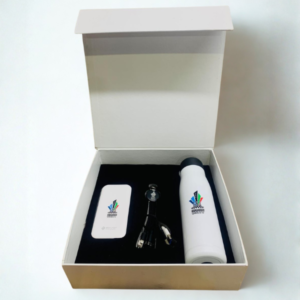 Apex Pro corporate gift box with sports bottle, power bank and multifunction cable in premium packaging