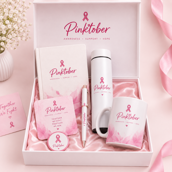 pinktober signature kit breast cancer awareness corporate gift box with bottle mug diary pen Pakistan