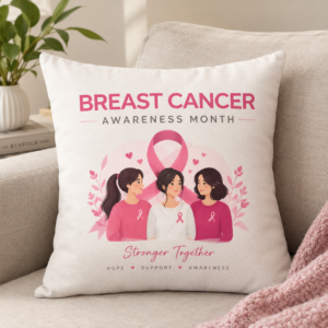 Pinktober breast cancer awareness pillow with pink ribbon stronger together message corporate gifting Pakistan